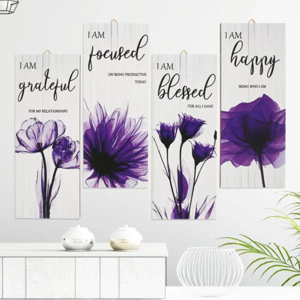 4 Pieces Flower Pictures Wall Decor - Living Room (Purple)