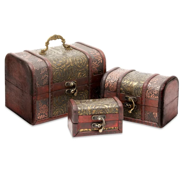 Set of 3 Small Wooden Treasure Chest Boxes - Assorted Sizes