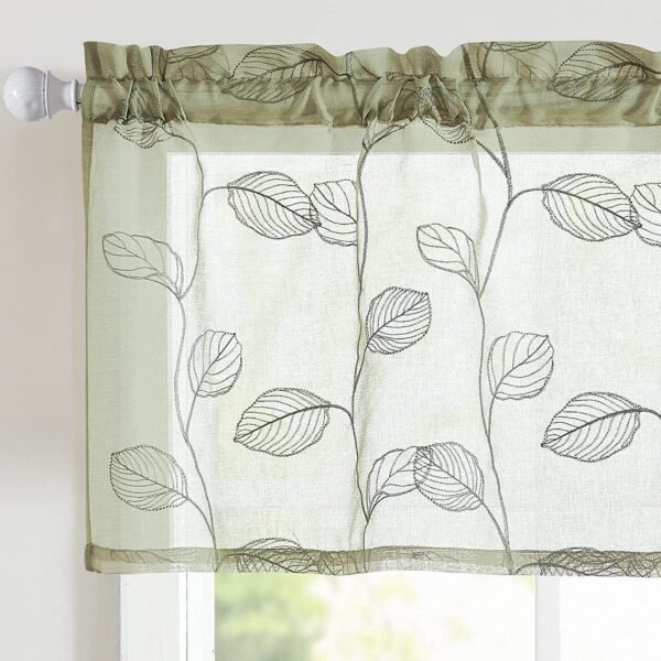 1 Panel Rod Kitchen Valance Leaf Embroidered - Sage Green - Image 2