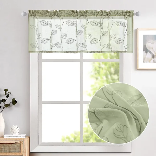 1 Panel Rod Kitchen Valance Leaf Embroidered - Sage Green