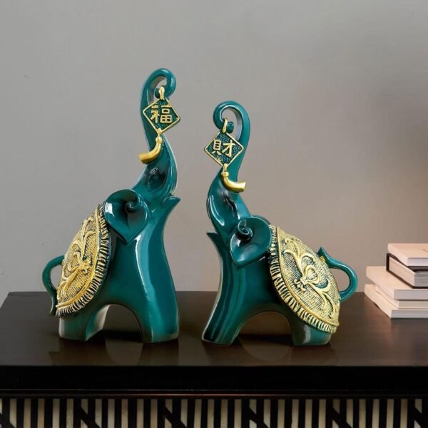 Set of 2 Figurine Decorative Elephant Statue With Trunk Up - Image 3
