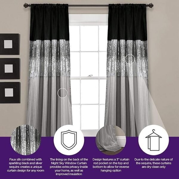 Lush Decor Night Sky Window Curtain Panel, Single, 42" W x 84" L, Silver & Black - Sequin Curtains