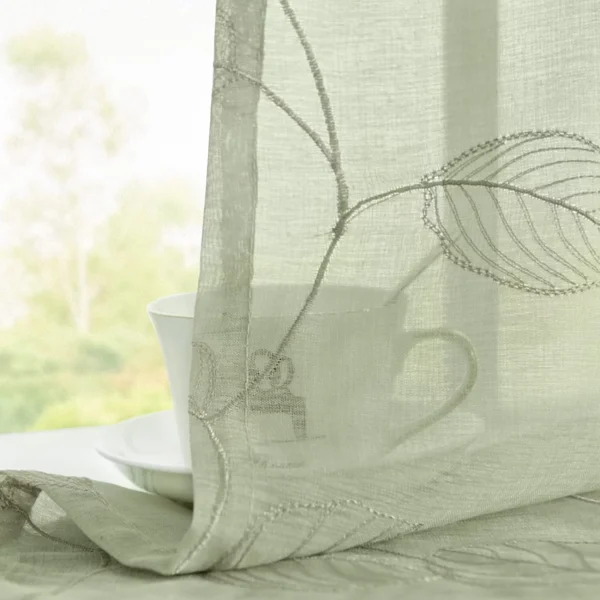 1 Panel Rod Kitchen Valance Leaf Embroidered - Sage Green - Image 3